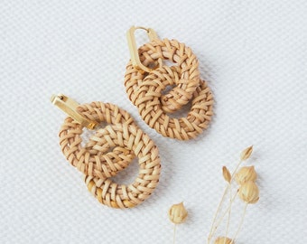 Boho rattan hoop earrings, golden stainless steel hoop earrings, 2 in one