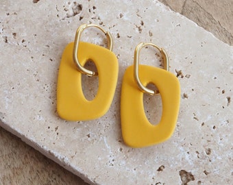 Polymer clay earrings yellow, golden hoop earrings with pendant, light statement earrings, two in one