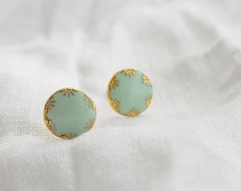 Mini stud earrings turquoise gold made of small buttons