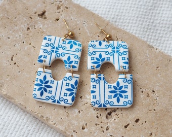 Statement polymer clay earrings, tile porto, white blue patterned, lightweight earrings