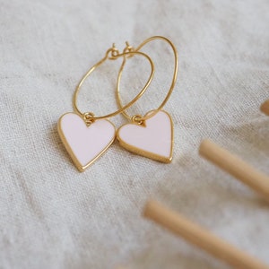 Heart hoop earrings in purple, golden hoop earrings with heart pendant, unique gift for sister, Valentine's Day gift Pink