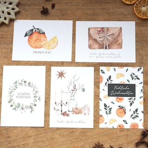 Weihnachtskarten 5-er Set, Aquarell-Weihnachtsmotive auf Recyclingpapier, A6, Postkarten Weihnachten, Weihnachtspost