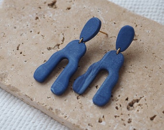 Deep See dangle earrings, dark blue polymer clay earrings, Ariel, lightweight statement earrings
