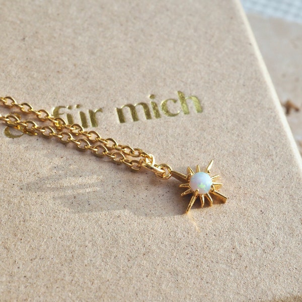 Golden star necklace with opal stone, October birthstone, birthday