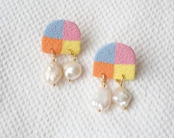 Bunte Polymer Clay Ohrringe, farbenfrohe Perlen Ohrringe, Art Deco, leichte Statement Ohrringe