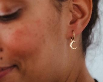 Mini hoop earrings with moon & stars