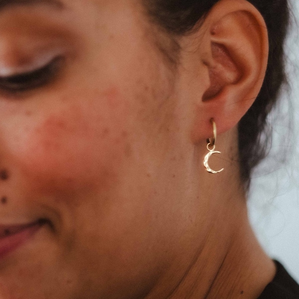 Mini hoop earrings with moon & stars