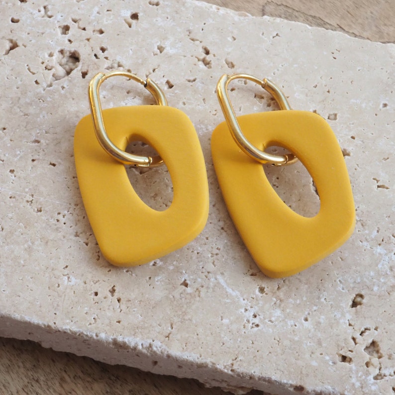 Polymer clay earrings yellow, golden hoop earrings with pendant, light statement earrings, two in one image 6