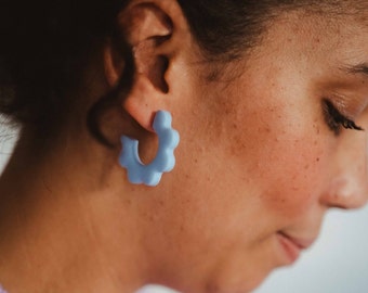 Light blue floral hoop earrings, flower hoop earrings made of polymer clay, lightweight statement earrings