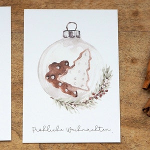 Cartolina di Natale boho acquerello, palla di Natale con biscotti, cartolina minimalista, scandinavo, auguri di Natale, posta di Natale