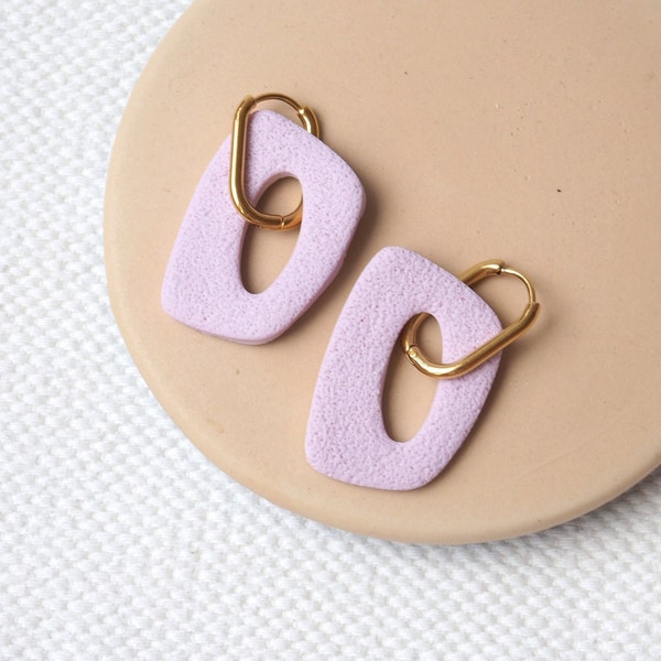 Lilac polymer clay earrings, gold hoop earrings with pendant, lightweight statement earrings, two in one