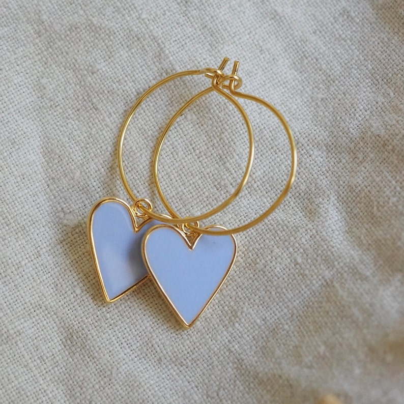 Heart hoop earrings in purple, golden hoop earrings with heart pendant, unique gift for sister, Valentine's Day gift image 1