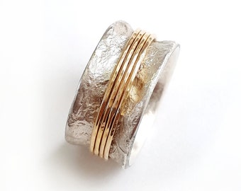 Textured spinning wedding ring, semi wide rotating ring with four yellow gold spinner hoops , chunky, Ilan Amir Jewelry
