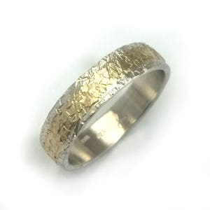 Roughly hammered sterling silver and gold wedding ring for men, handmade wedding band, unisex ring, rustic texture, unique design, ilanamir image 2