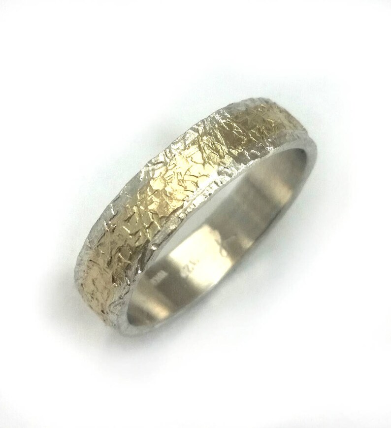 Roughly hammered sterling silver and gold wedding ring for men, handmade wedding band, unisex ring, rustic texture, unique design, ilanamir image 2