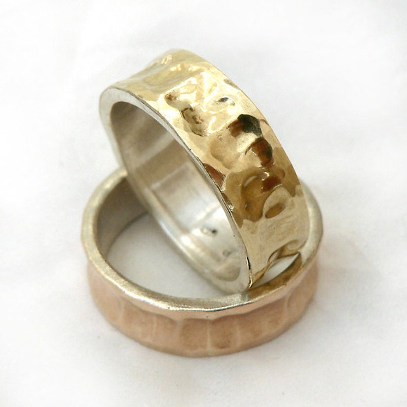Two-tone ring set for him and her, concave, rose and yellow gold, sterling silver with gold sheet soldered on top, textured rings, ilanamir image 4