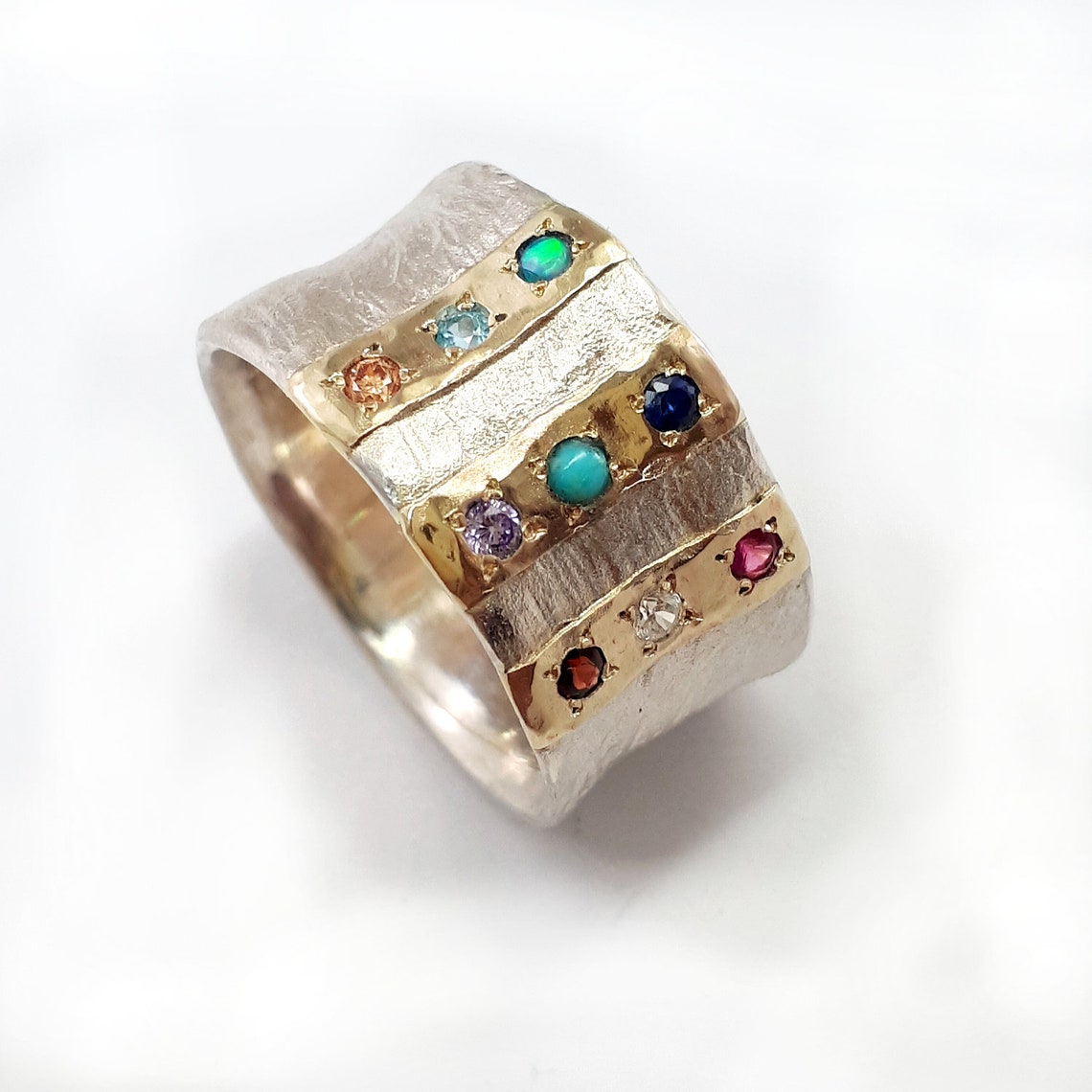 Wide Concave Silver Ring, Three Gold Strips Inlaid With Selection of ...