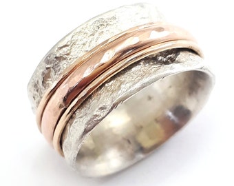 Gold spinning wedding band, crumpled tin foil texture ring, Tri-color ring, Ilan Amir Jewelry