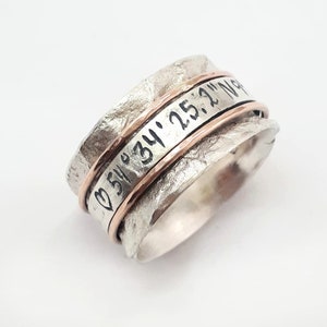 Coordinates Ring, Latitude Longitude Ring, Personalized Latitude Longitude Jewelry, Location Ring, Engraved spinner ring, personalized ring