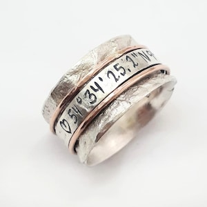 Coordinates Ring, Latitude Longitude Ring, Personalized Latitude Longitude Jewelry, Location Ring, Engraved spinner ring, personalized ring