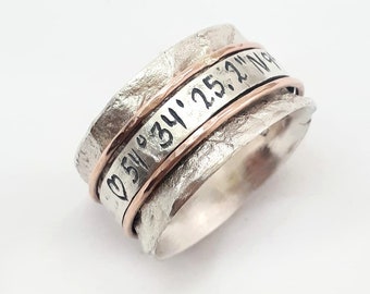 Coordinates Ring, Latitude Longitude Ring, Personalized Latitude Longitude Jewelry, Location Ring, Engraved spinner ring, personalized ring