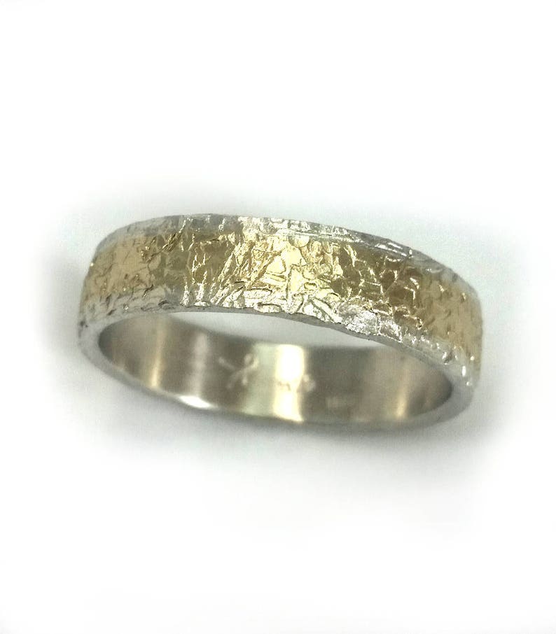 Roughly hammered sterling silver and gold wedding ring for men, handmade wedding band, unisex ring, rustic texture, unique design, ilanamir image 7