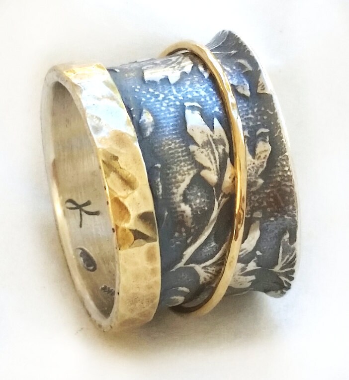 Gold Loop Spring Pattern Sterling Silver Leaf Pattern Ring, Spring Wedding, Yellow Gold Spinner ...