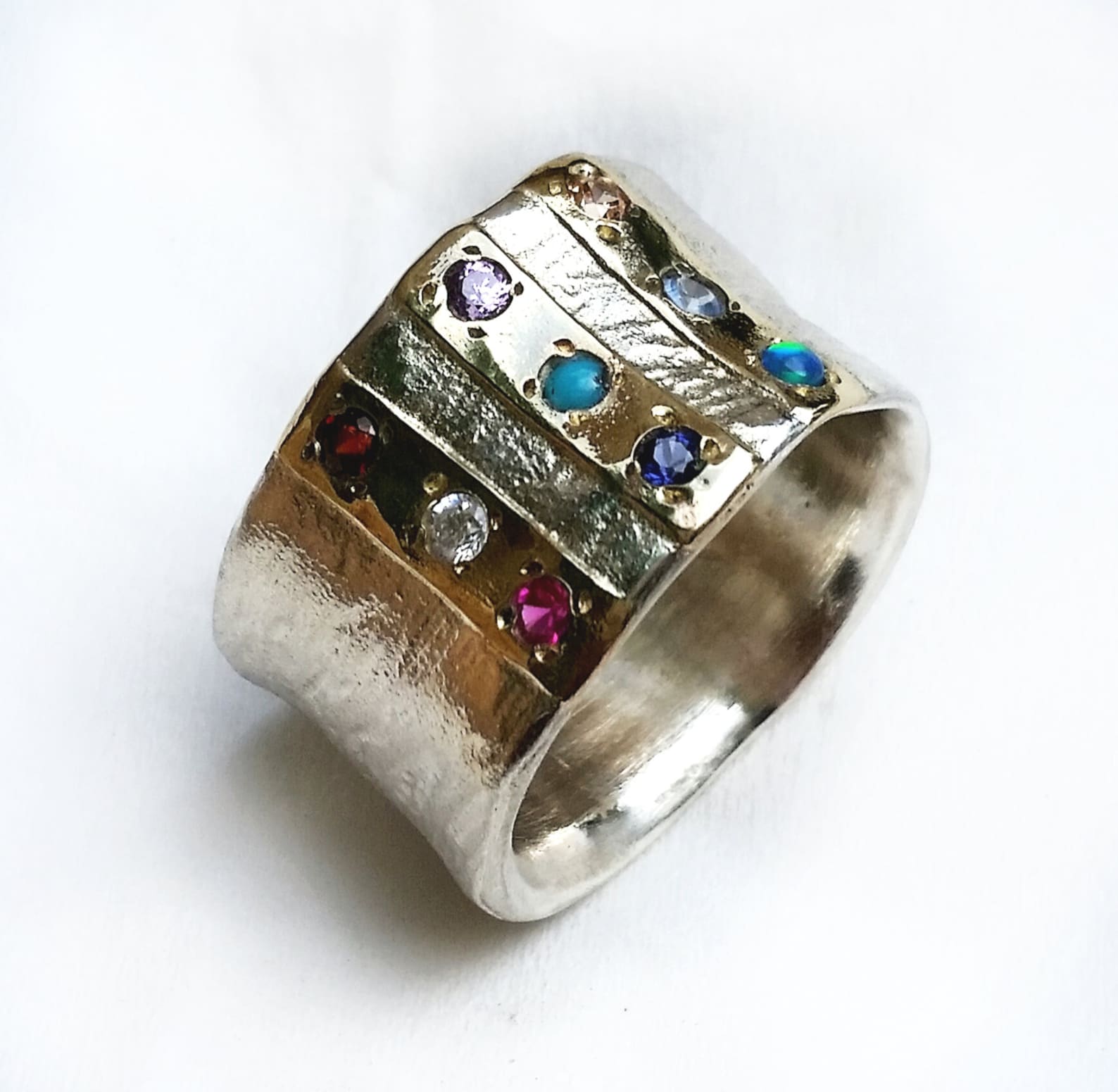 Wide Concave Silver Ring, Three Gold Strips Inlaid With Selection of ...