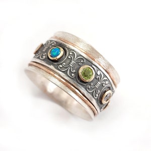 Popular women's semi wide spinner ring, set with birthstones, choice of gemstone, elegant leaf design, art deco ring, worry spinner ring image 8