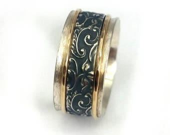 Unusual spinner ring, unisex wedding band, wide spinner, oxidized sterling silver band, yellow gold rotating hoops, Ilan Amir