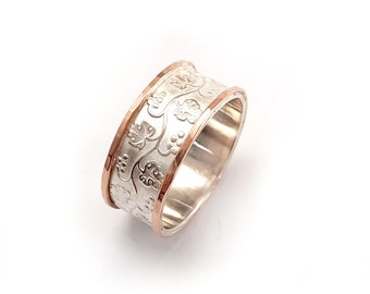 Delicate grapevine wedding ring, vine leaves and grapes pattern, silver and red gold women's wedding band, art nouveau design