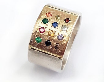 Hoshen- priestly breastplate- design ring, Wide silver ring with twelve multicolored birthstones like the twelve tribes set in gold square