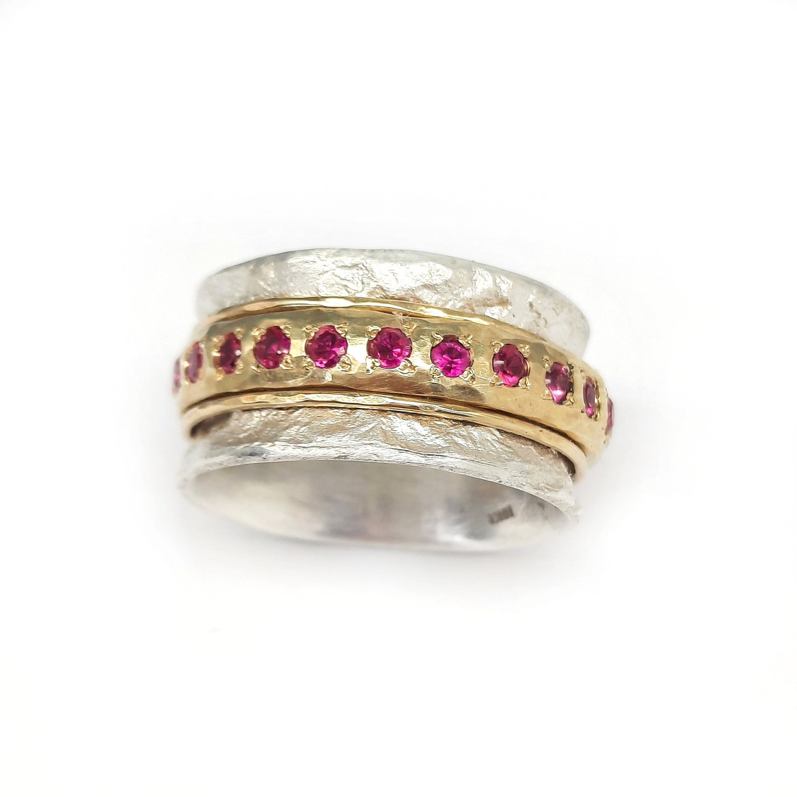 Rubymotion Spinner Rings Ruby Engagement Ring, Semi Wide Spinner Ring, Silver and Gold, Worry ...