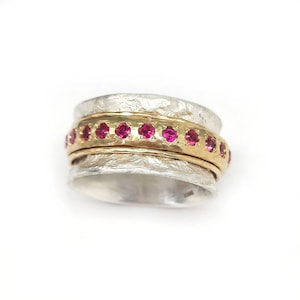 Ruby engagement ring, semi wide spinner ring, silver and gold, worry ring, July birthstone  rotating ring, crumpled tinfoil texture
