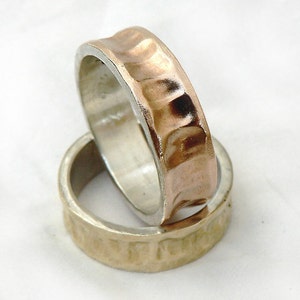 Two-tone ring set for him and her, concave, rose and yellow gold, sterling silver with gold sheet soldered on top, textured rings, ilanamir image 3