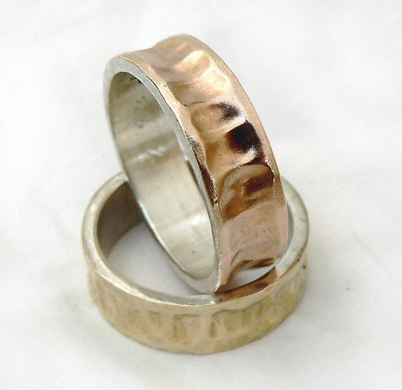 Two-tone ring set for him and her, concave, rose and yellow gold, sterling silver with gold sheet soldered on top, textured rings, ilanamir image 3