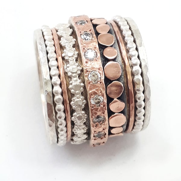 Wide rose gold and silver spinner ring with eternity ring, One Of a Kind spinning ring, flower spinner, ball spinner, eternity spinner