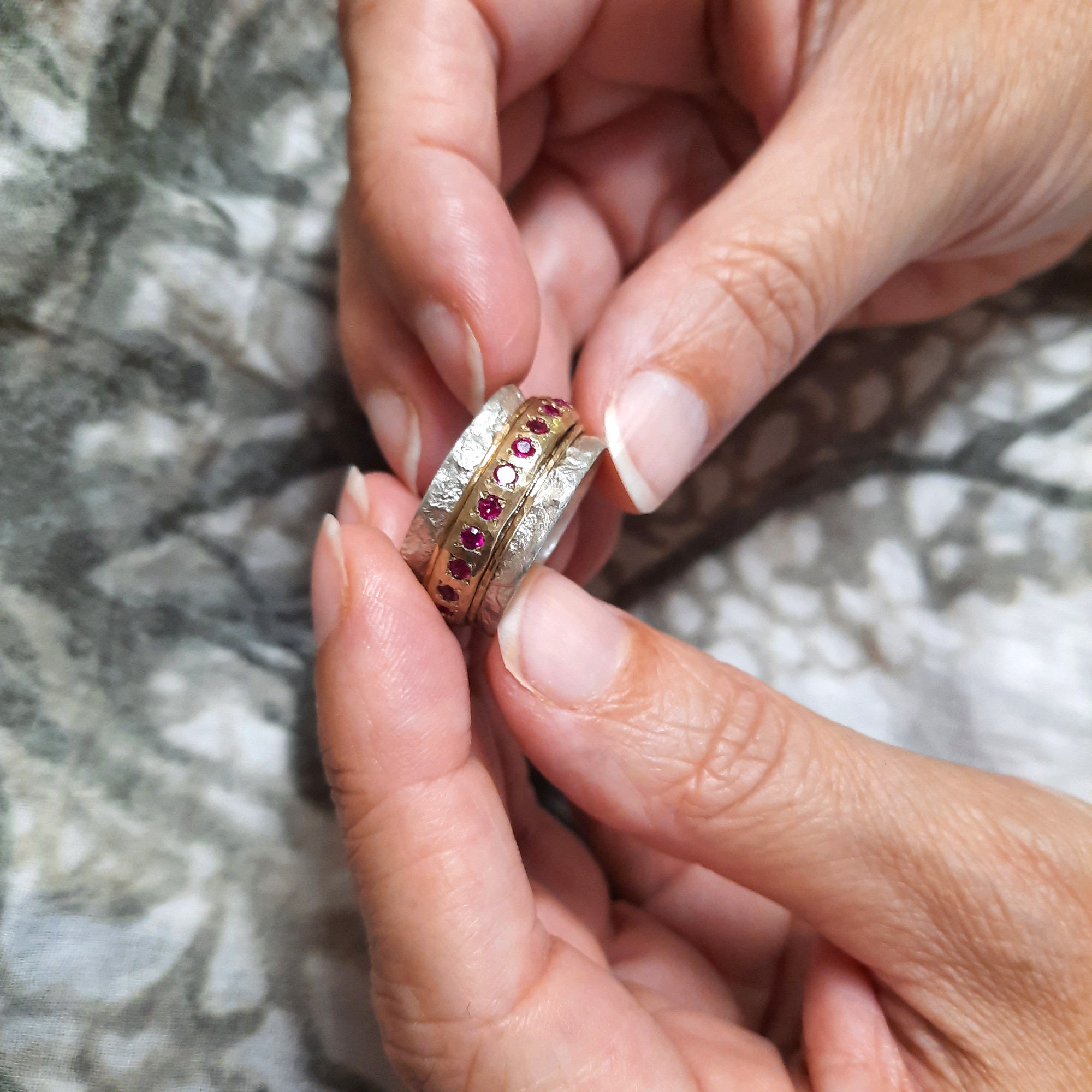Rubymotion Spinner Rings Ruby Engagement Ring, Semi Wide Spinner Ring, Silver and Gold, Worry ...