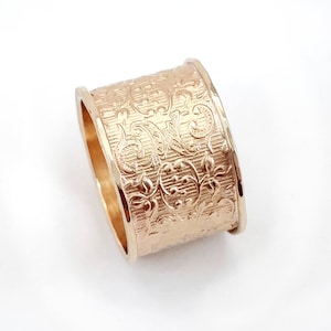 Gold ring, wide solid gold wedding ring, gold wedding band, art nouveau design, flower and leaf pattern, lace gold texture, spring wedding
