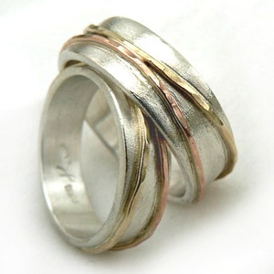 Promise ring set, lovers ring set, popular, two-tone crossed gold hoops on sterling silver, handmade wedding rings, Ilan Amir
