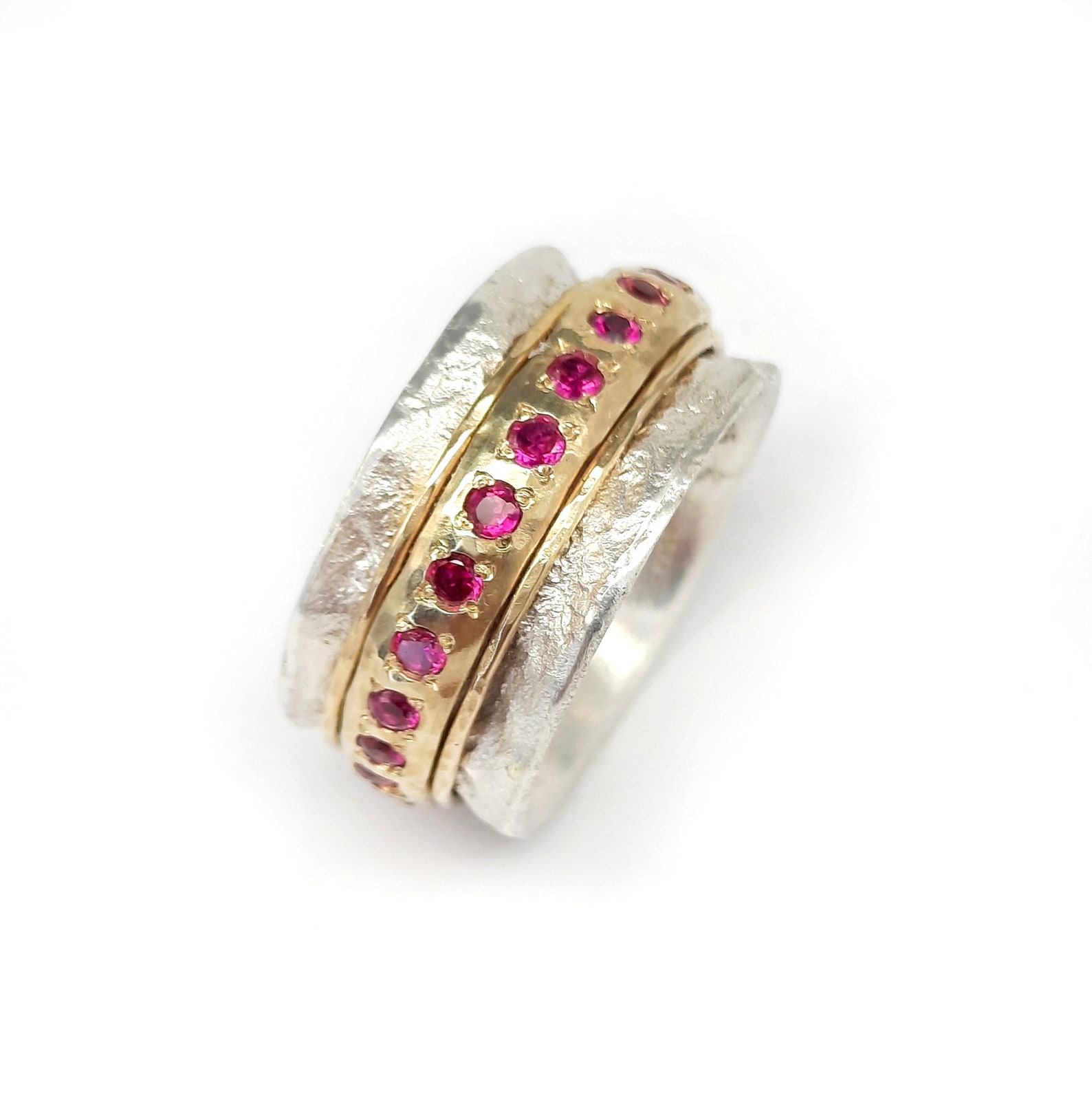 Rubymotion Spinner Rings Ruby Engagement Ring, Semi Wide Spinner Ring, Silver and Gold, Worry ...