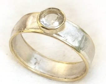 Alternative engagement ring, textured sterling silver and gold with rutilated quartz, yellow gold rims, promise ring, ilanamir