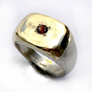 Chic pinky ring, trendy signet ring, sterling silver and red gold inlaid with garnet, rectangular ring, January birthstone,  IlanAmirJewelry