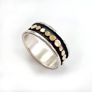 Striking wedding band, women's wedding ring, tricolor ring, polka ring, oxidized sterling silver, yellow gold dots, black and gold ring