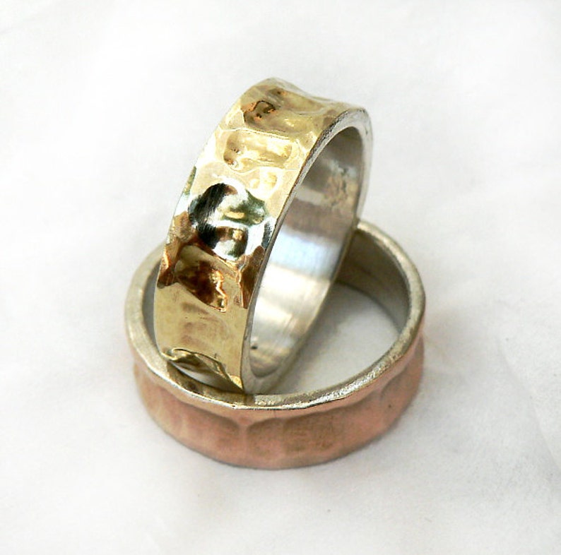 Two-tone ring set for him and her, concave, rose and yellow gold, sterling silver with gold sheet soldered on top, textured rings, ilanamir image 1