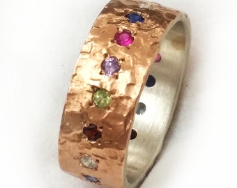 Multicolored women's ring, hammered gold inlaid with gemstones, choose your own gemstones, birthday gift, birthstones ring, graduation gift