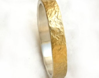 Narrow hammered gold wedding band, thin wedding ring for him, sterling silver base, textured yellow gold sheet, classic look, ilanamir