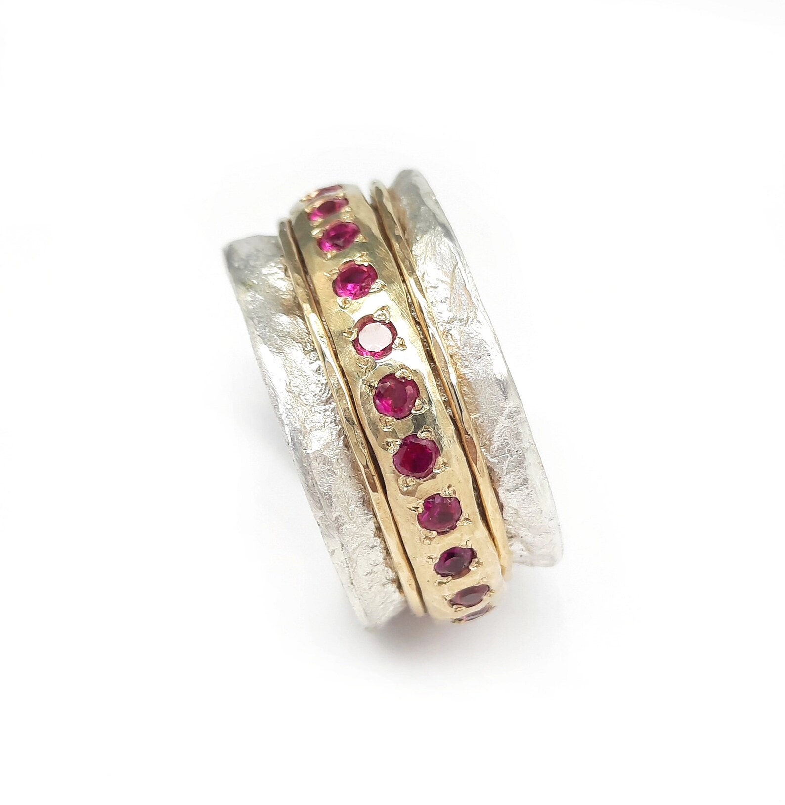 Rubymotion Spinner Rings Ruby Engagement Ring, Semi Wide Spinner Ring, Silver and Gold, Worry ...