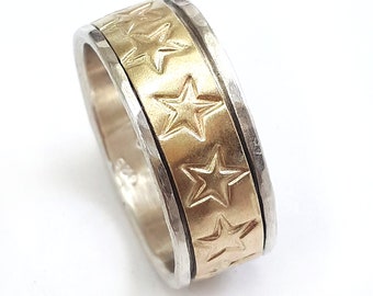 Gold stars spinner ring, worry ring, hammered sterling silver band with stars, unisex band, classic with a twist, meditation ring, ilanamir