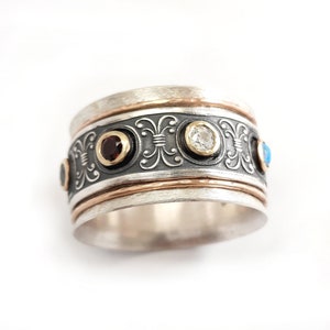 Popular women's semi wide spinner ring, set with birthstones, choice of gemstone, elegant leaf design, art deco ring, worry spinner ring image 7